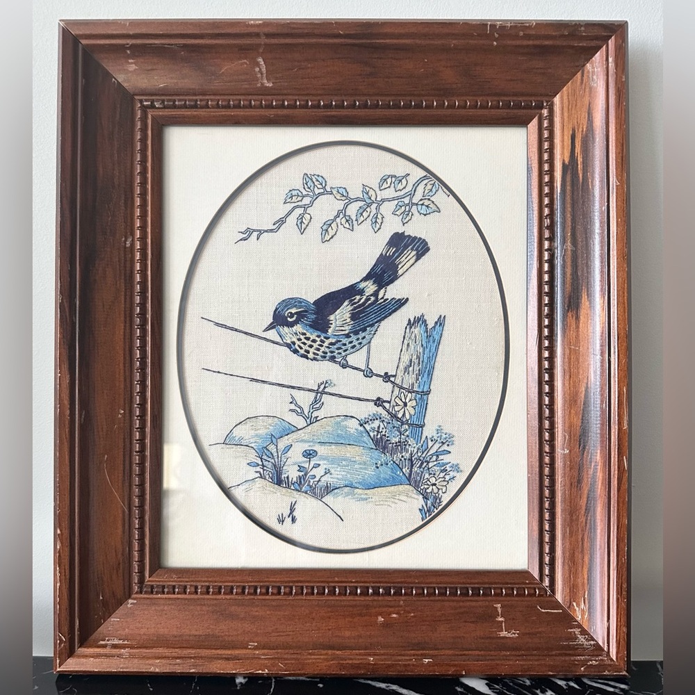 Handmade Threadwork Bird Embroidery Artwork Wood Frame